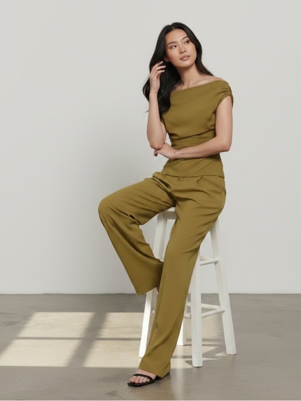 1329 • Moss Green Asymmetric Top & High Waist Pants Two Piece Set